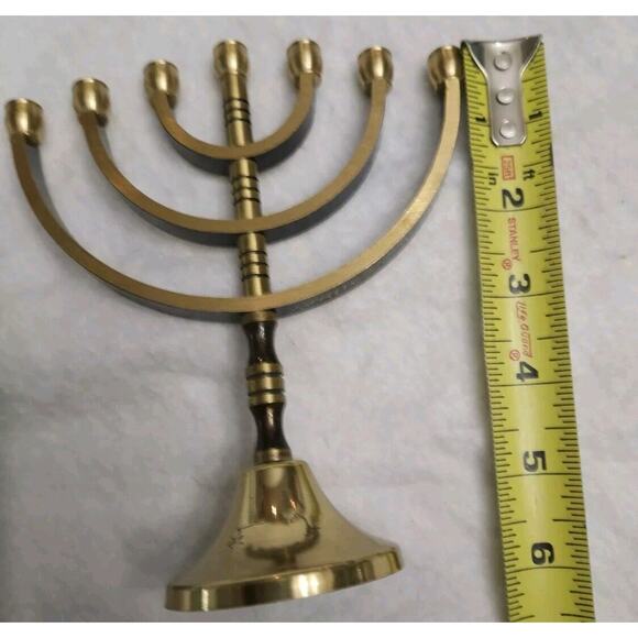 Small Brass And Black Menorah Seven Candle Etched Jerusalem Hanukkah - Picture 8 of 9